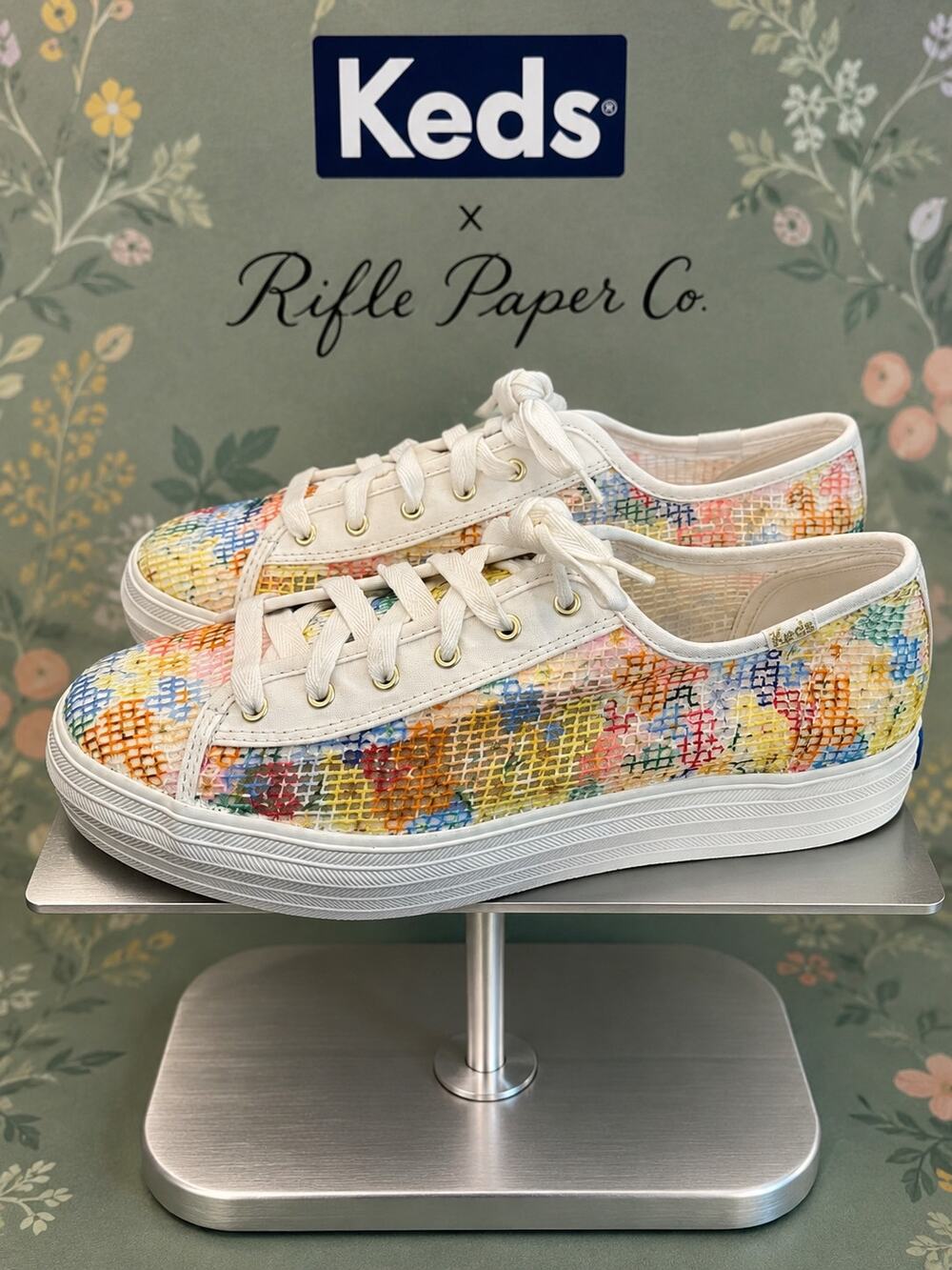 Keds x Rifle Paper Co Triple Kick Floral Embroidery Sneakers 8.5 NWOB